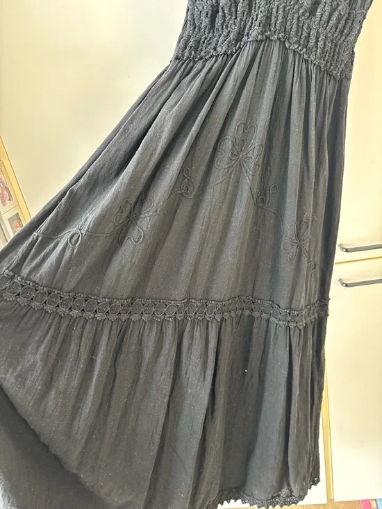 Black Dark Cottagecore Whimsigoth Midi Dress Romantic Lace Crochet Embroidery - Picture 3 of 14